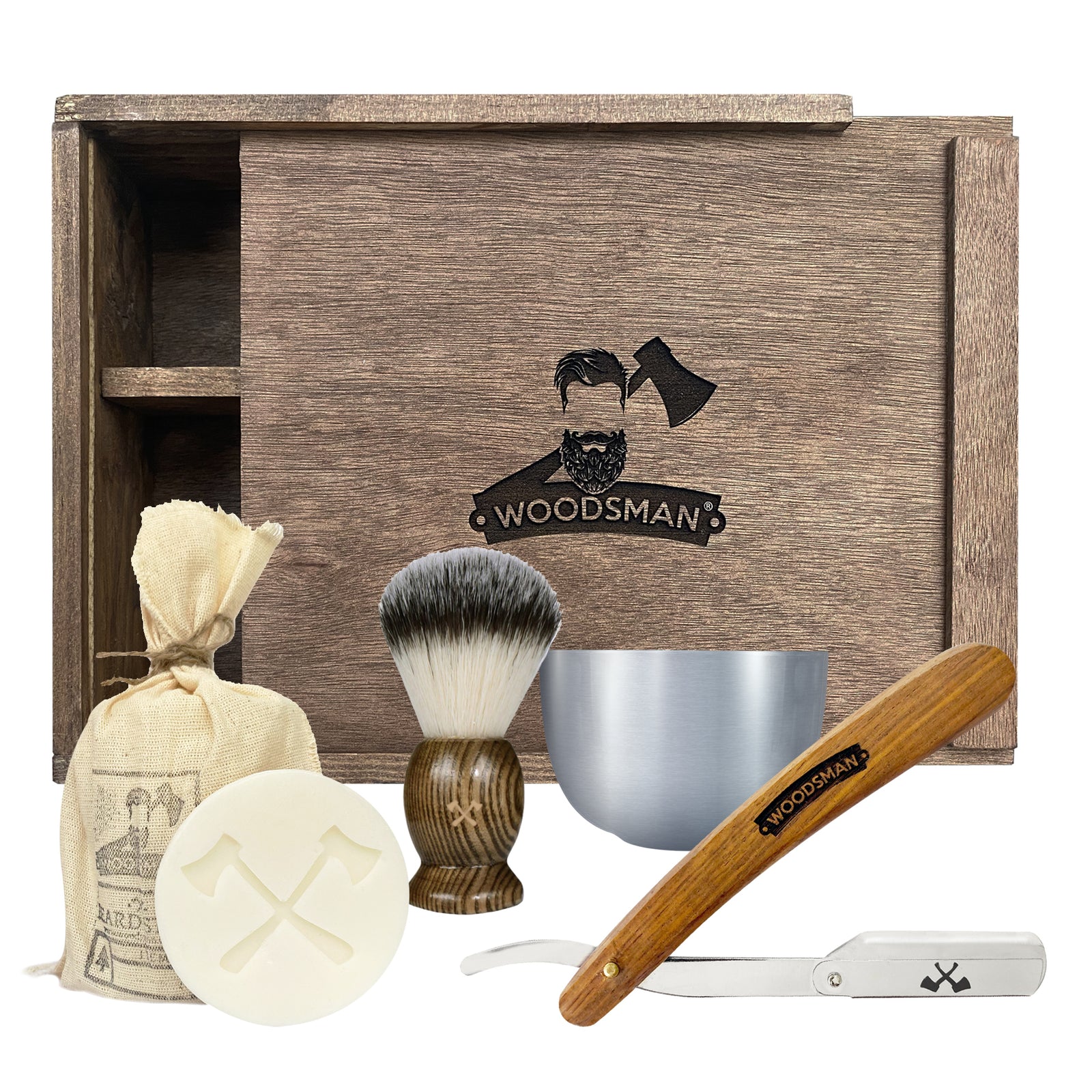Kit de Afeitado WOODSMAN con Porta Navajas Plateado